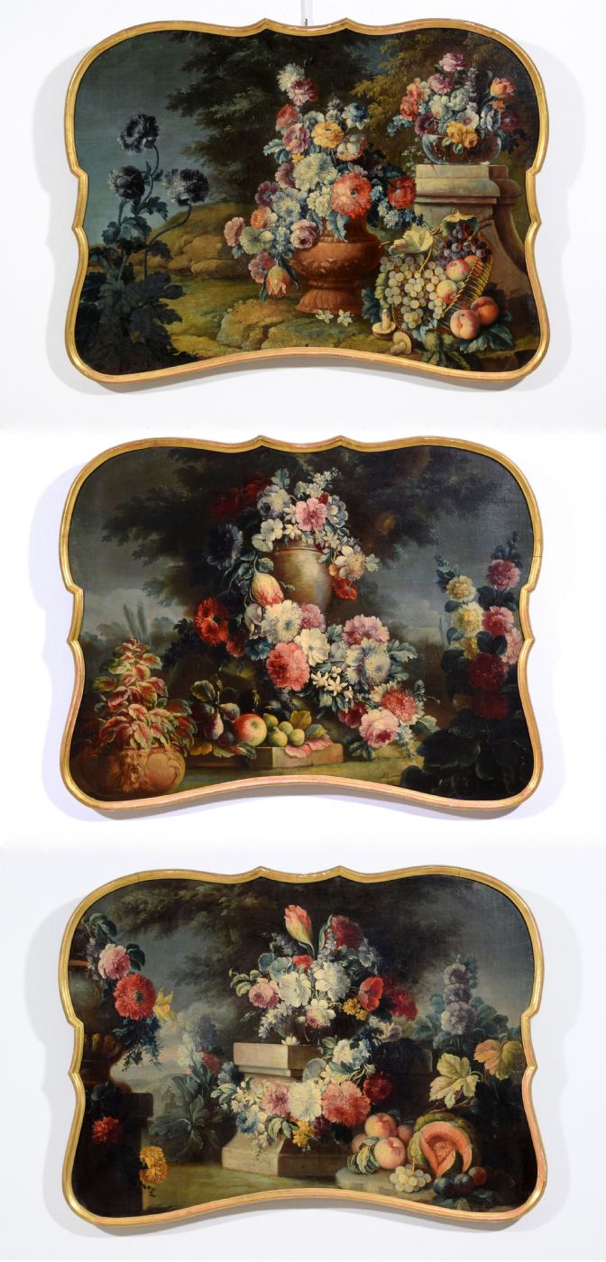 Tre dipinti raffiguranti Nature morte con trionfi di fiori e frutta, Michele Antonio Rapos (Torino, 1733 – 1819)